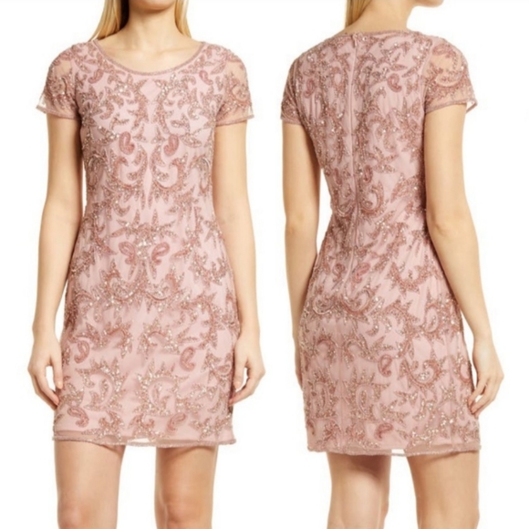 Pisarro Nights Beaded Mesh Cocktail Dusty Pink Mini Dress Size 8 NWT - Picture 1 of 12